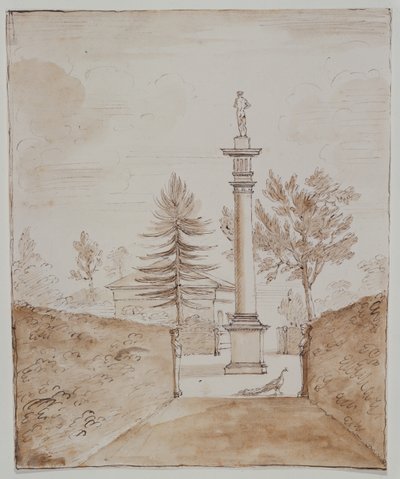 Chiswick, uitzicht op de Dorische zuil met Venus de Medici-beeld en een glimp van de zijkant van het hertenhuis door William Kent