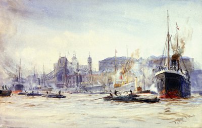 Activiteit langs Irongate Quay, aan de Theems (Engeland), met de Tower Bridge in de verte door William Lionel Wyllie
