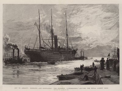 Op naar Ashanti, vaarwel en veel geluk!, de stoomboot Coromandel verlaat de Royal Albert Dock door William Lionel Wyllie