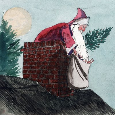Kerstman komt door een schoorsteen met een zak vol speelgoed en een kerstboom door William Lionel Wyllie