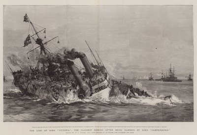Het verlies van HMS Victoria, het vlaggenschip dat zinkt na te zijn geramd door HMS Camperdown door William Lionel Wyllie