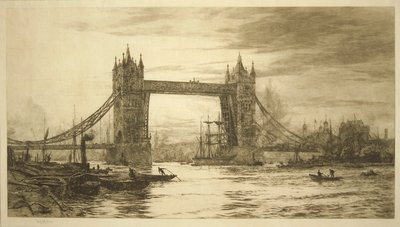 Tower Bridge gezien vanaf de Theems, Londen, ca. 1894-1931 door William Lionel Wyllie