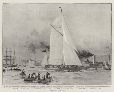 Westwaarts Ho, de Shamrock vertrekt naar New York om te strijden voor de America Cup door William Lionel Wyllie