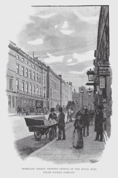Moorgate Street, met kantoren van de Royal Mail Steam Packet Company door William Luker