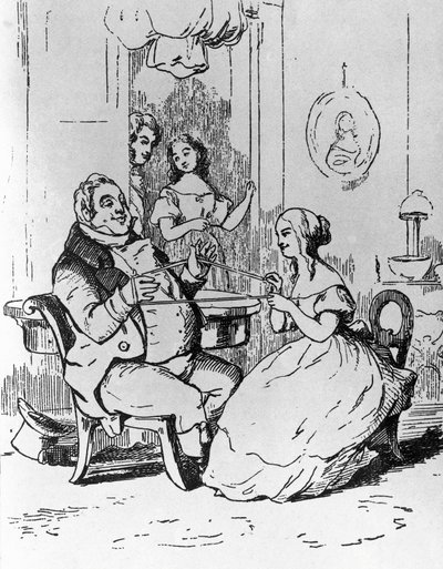 Mr Joseph Sedley verstrikt door Becky Sharp, illustratie voor het 1e hoofdstuk van Vanity Fair, roman door William Makepeace Thackeray (1811-1863), gravure naar tekening door William Makepeace Thackeray (1811-1863), gepubliceerd in Chicago in 1882 door William Makepeace Thackeray