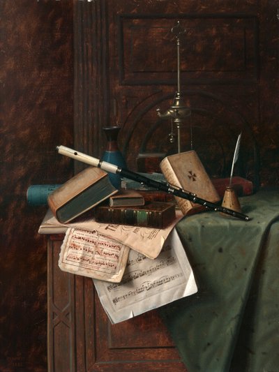 Stilleven met fluit, vaas en Romeinse lamp door William Michael Harnett