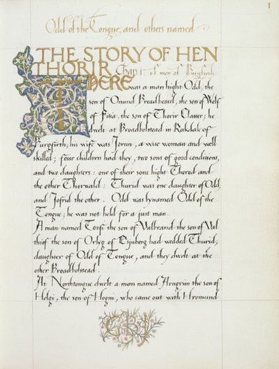 Ms 270* f.1r Het verhaal van Hen Thorir, ca. 1873-4 door William Morris