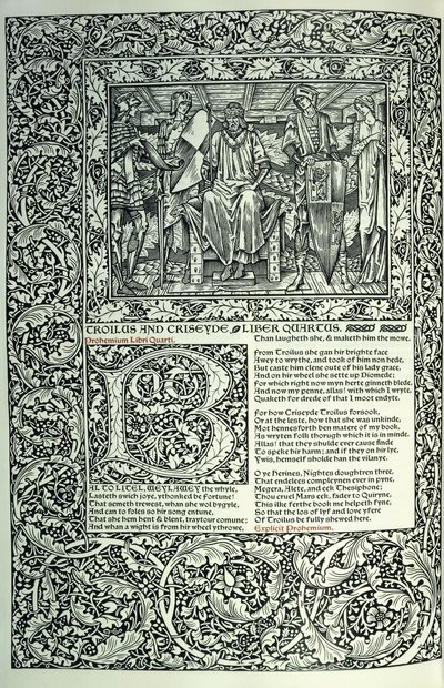 Scène uit "Troilus en Criseyde", gehistorieerde initiaal "B", manuscript met volledige paginaborder, 1896 door William Morris