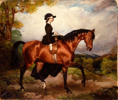 Portret van Mevrouw Thomas Conolly, zittend zijwaarts in een zwarte rijjurk op een kastanjebruine jager door William Osborne