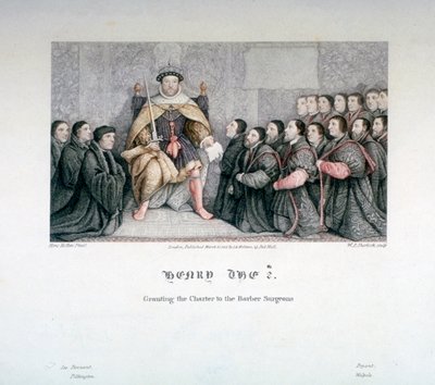 Hendrik VIII verleent het charter aan de Barbiers en Chirurgen door William P Sherlock
