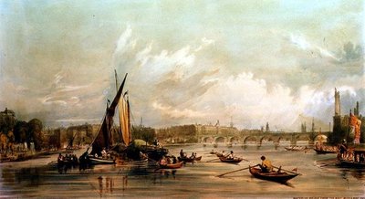 Waterloo Brug vanuit het Westen met een Bootrace (litho) door William Parrott