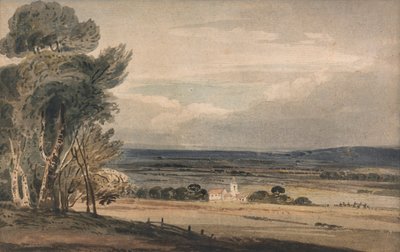 Onbekend landschap: bomen met kerk door William Pearson