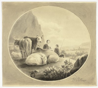 Herders, koeien en schapen in een landschap door William Pether