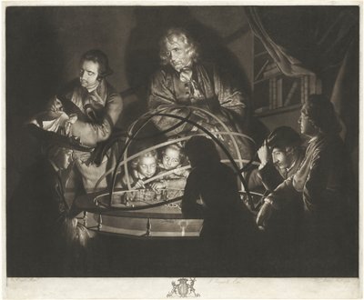 Een filosoof geeft een lezing over de planetarium door William Pether after Joseph Wright
