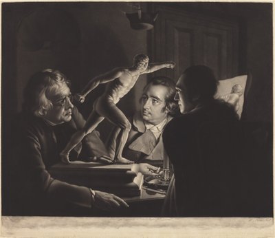 Drie Personen die de Gladiator bij Kaarslicht Bekijken door William Pether after Joseph Wright