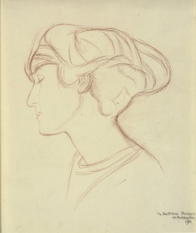 Hoofd van een vrouw (Parthenia Passano?) in profiel naar links door William Rothenstein