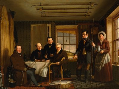 Bespreking van een zalmvangst in een Schotse vissershut door William Shiels