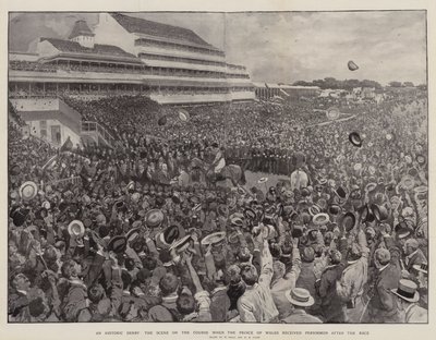 Een historische derby, de scène op de baan toen de Prins van Wales Persimmon ontving na de race door William Small