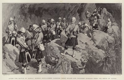 Na de slag bij Dargai, Gordon Highlanders dragen gedode en gewonde Gurkha