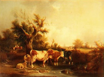 Een bebost landschap met vee bij een stroom door William Snr. Shayer