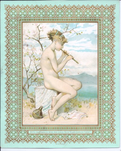 Victoriaanse nieuwjaarskaart van een badende schoonheid op een strand die een fluit speelt, ca. 1881 door William Stephen Coleman
