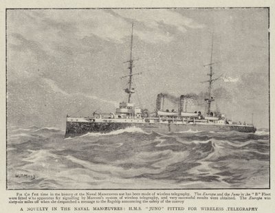 Een nieuwigheid in de marine manoeuvres, H.M.S. Juno uitgerust voor draadloze telegrafie door William T. Maud
