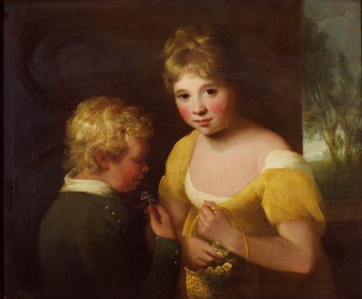 Twee kinderen met een mand bloemen door William Tate