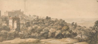 Een Italiaans Landschap: dorp op een heuvel links, heuvelhelling naar rechts, met een verre vallei daarachter door William Taverner