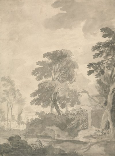 Landschap, Bomen en een Ver Uitzicht op Rome door William Taverner