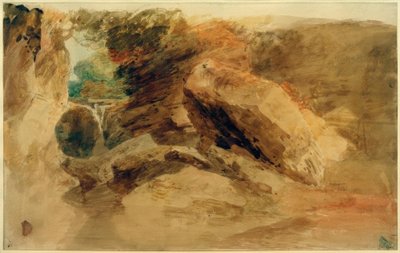 Rotsen onder een klif, met een stroom die in een smal kanaal valt door Joseph Mallord William Turner