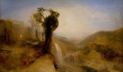 Zuidelijk landschap met een aquaduct en waterval door Joseph Mallord William Turner