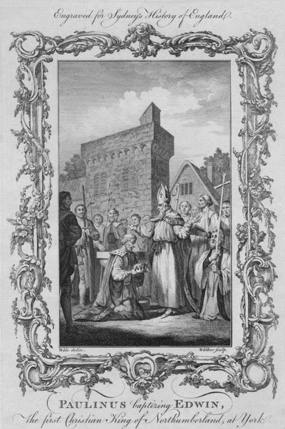 Paulinus doopt Edwin, de eerste christelijke koning van Northumberland, in York, 1773 door William Walker