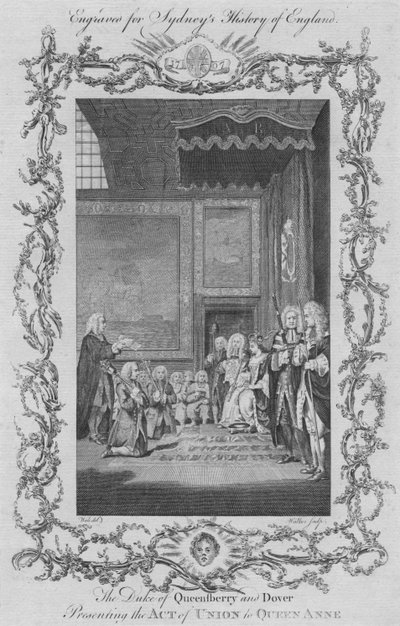 De hertog van Queensberry en Dover presenteert de Act of Union aan koningin Anne, 1773 door William Walker