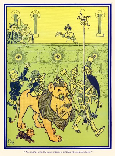 De soldaat met de groene snorharen leidde hen door de straten. uit De wonderbaarlijke tovenaar van Oz van L. Frank Baum door William Wallace Denslow