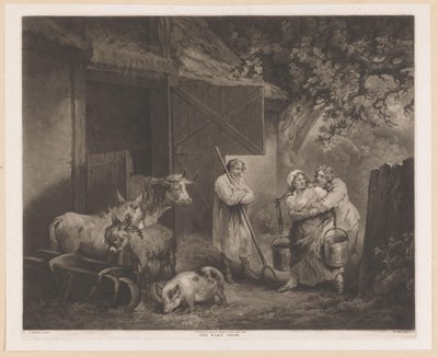 Melkmeid en twee boerenknechten bij een stal door William Ward