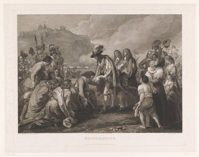 Karel II van Engeland arriveert op het strand bij Dover, 25 mei 1660 door William Woollett