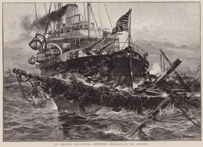 Een Amerikaans oorlogsschip vernietigt wrakken in de Atlantische Oceaan (litho) door Willy Stower