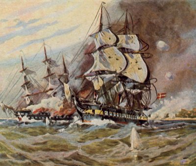 Duitse strandbatterijen bij Eckernförde, 5 april 1849 (vergrote kleurenlitho) door Willy Stower