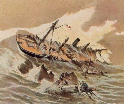 Schipbreuk van de kanonneerboot "Iltis" (kleurenlitho) door Willy Stower