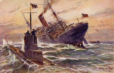 Vernietiging van een Britse koopvaardijstoomboot door een Duitse U-boot, Eerste Wereldoorlog door Willy Stöwer