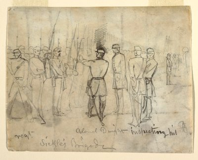 Tekening
Tekening, Kolonel William Dwight, Jr. Inspectie van zijn regiment, 1862 door Winslow Homer