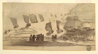 Tekening, Strandgezicht met mensen en vissersboten, Cullercoats, Engeland, 1881-82 door Winslow Homer