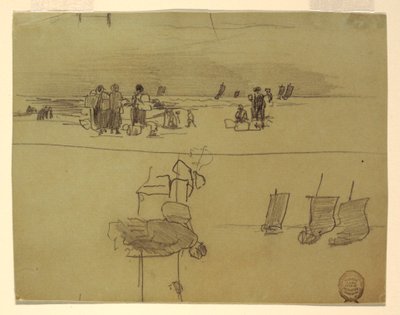 Tekening, Strandgezicht met vrouwen die manden dragen, Cullercoats, Engeland, 1881-82 door Winslow Homer