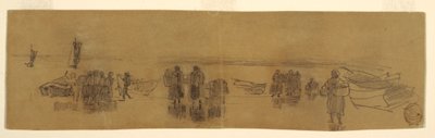 Tekening, Strand met vier vissersboten, Cullercoats, Engeland, 1881-82 door Winslow Homer
