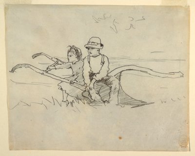 Tekening, Jongen en meisje zittend op een ploeg, 1879 door Winslow Homer