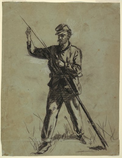 Tekening, Cavaleriesoldaat laadt een geweer, 1863-64 door Winslow Homer