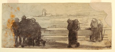 Tekening, Figuren met uitzicht op een baai en een kleine boot, Cullercoats, Engeland, 1881-82 door Winslow Homer