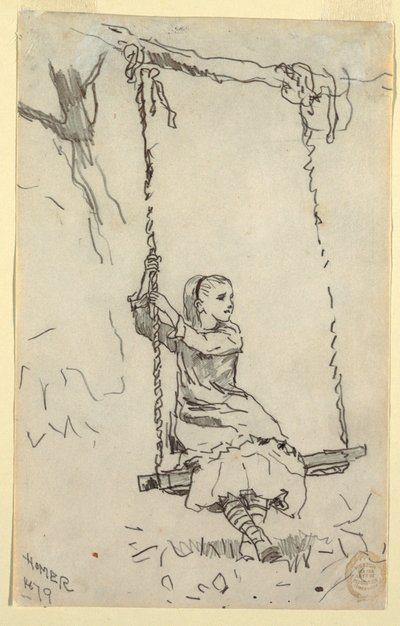 Tekening, Meisje op een schommel, 1879 door Winslow Homer