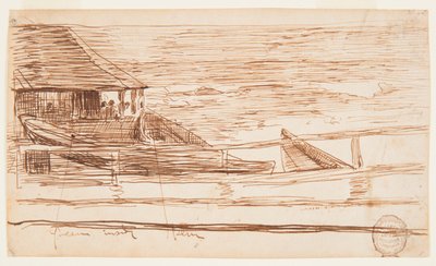 Tekening, Huis aan een reling met gestrande dories, Cullercoats, Engeland, 1881 door Winslow Homer