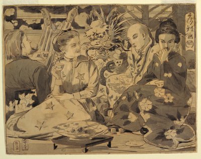Tekening, Internationaal theekransje, ca. 1867 door Winslow Homer
